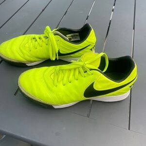 Girls  Nike Tiempox indoor soccer shoes. Neon green, size 8